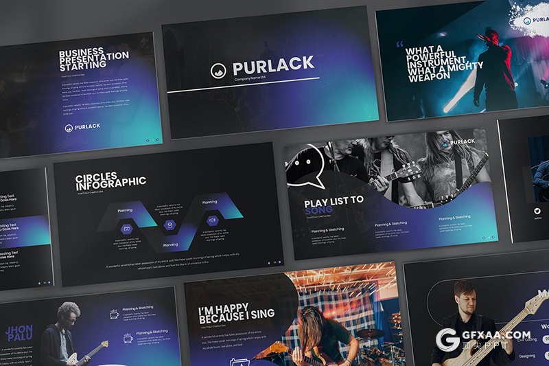 40页时尚潮流风格音乐活动现场音乐演唱会Google slides模板3种主题配色 - 顶尖PPT