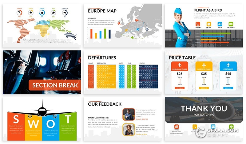 30页彩色航空公司介绍工作总结年终汇报PPT模板3种主题配色 - 顶尖PPT