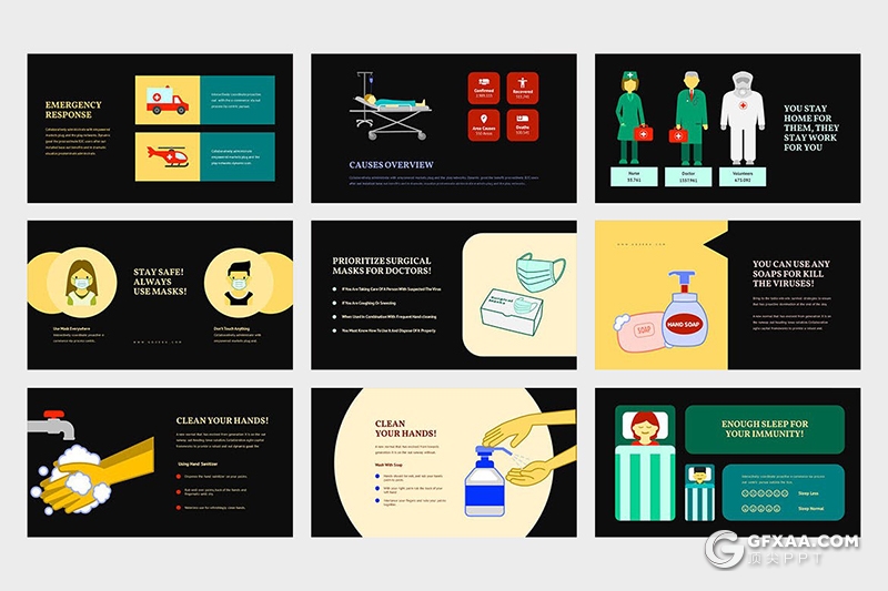 42页扁平化卡通插画PPT冠状病毒传染途径预防治疗医疗保健卡通插画ppt模板 - 顶尖PPT