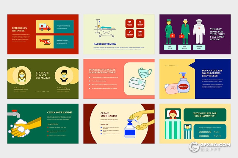 42页扁平化卡通插画PPT冠状病毒传染途径预防治疗医疗保健卡通插画ppt模板 - 顶尖PPT
