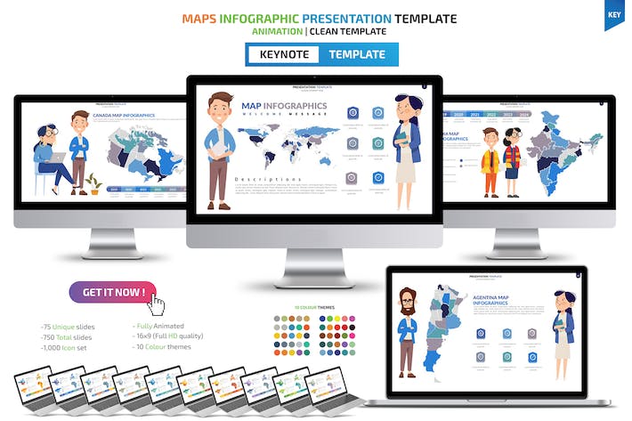 卡通人物插画世界国家地图keynote模板 - 顶尖PPT