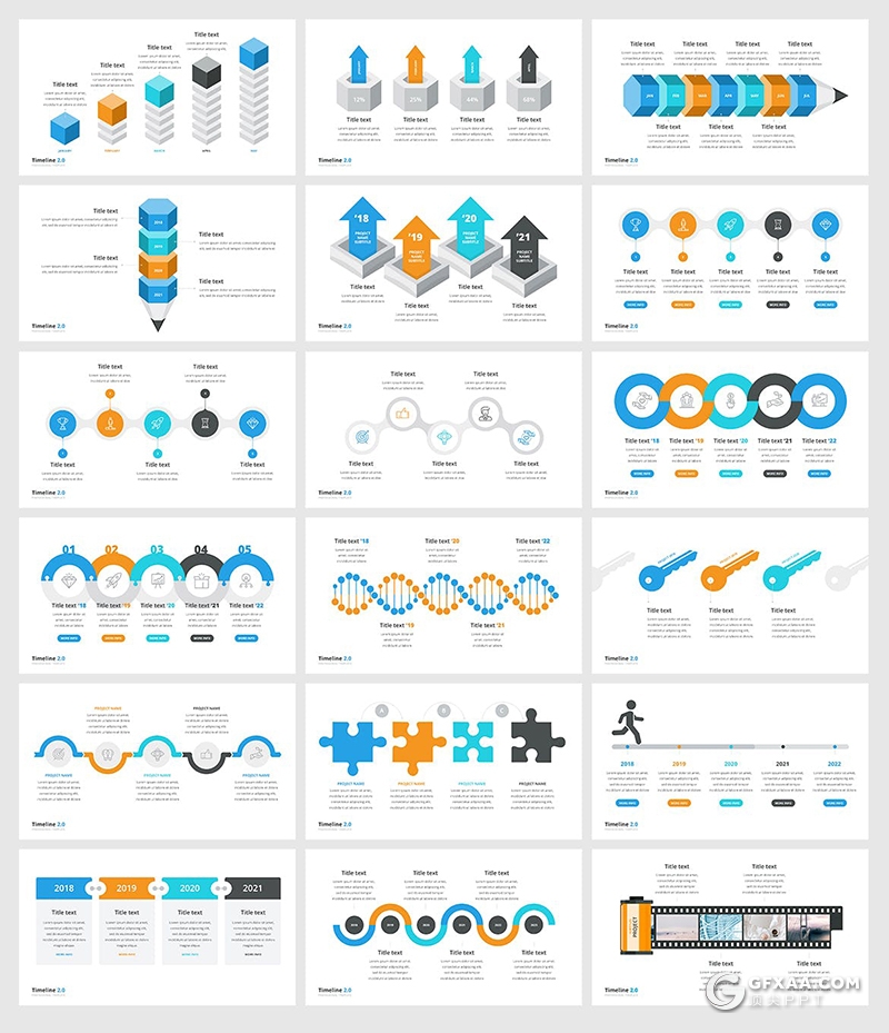 53页彩色多种不同样式时间轴PPT图形模板 - 顶尖PPT