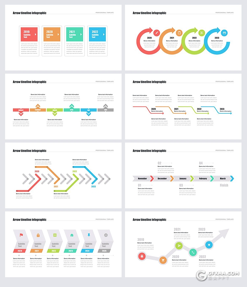 33页彩色多种类型可编辑箭头指向时间轴图形PPT模板 - 顶尖PPT