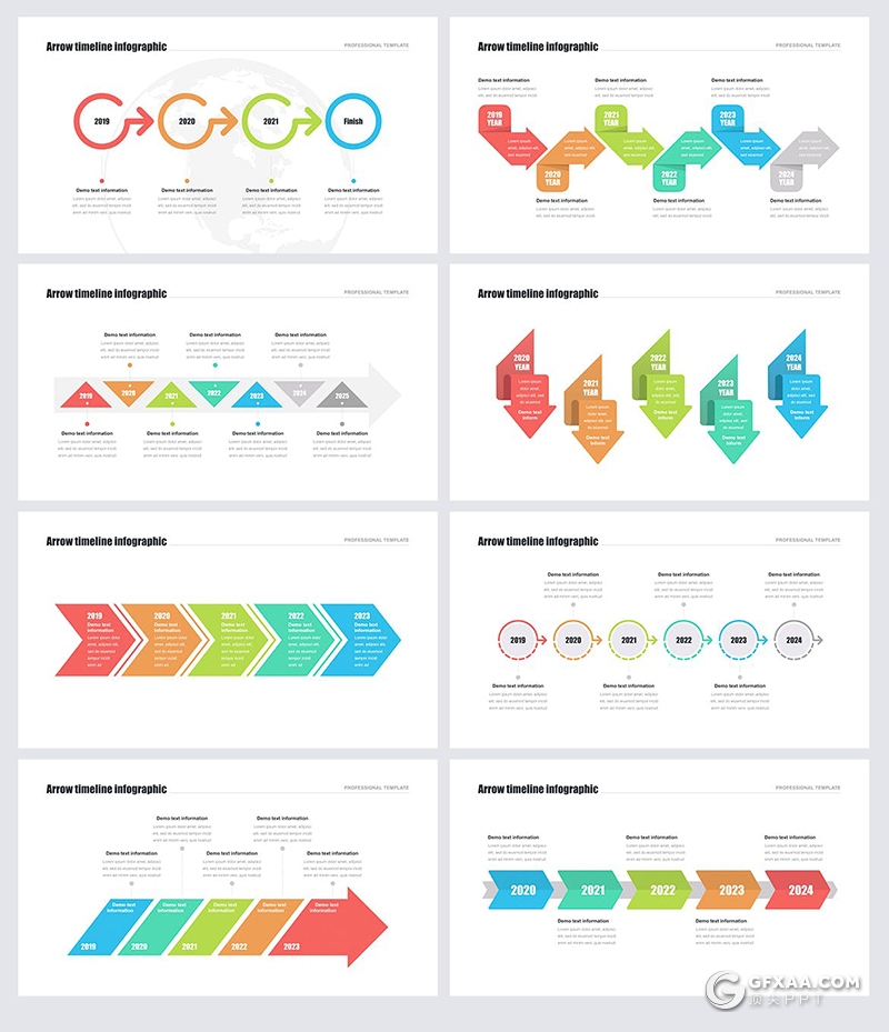 33页彩色多种类型可编辑箭头指向时间轴图形PPT模板 - 顶尖PPT