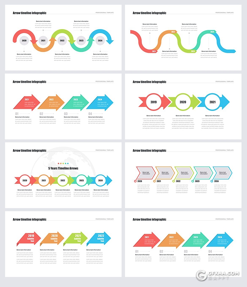 33页彩色多种类型可编辑箭头指向时间轴图形PPT模板 - 顶尖PPT