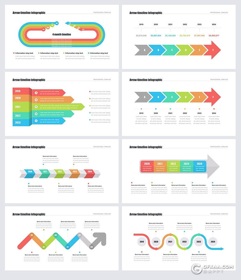 33页彩色多种类型可编辑箭头指向时间轴图形PPT模板 - 顶尖PPT