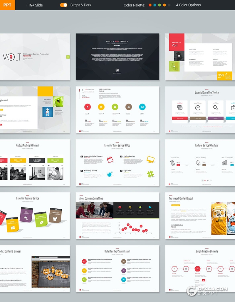 120页国外高质量商务多用途PPT模板创意商务信息图形设计欧美高端动画PPT模板5种配色 - 顶尖PPT