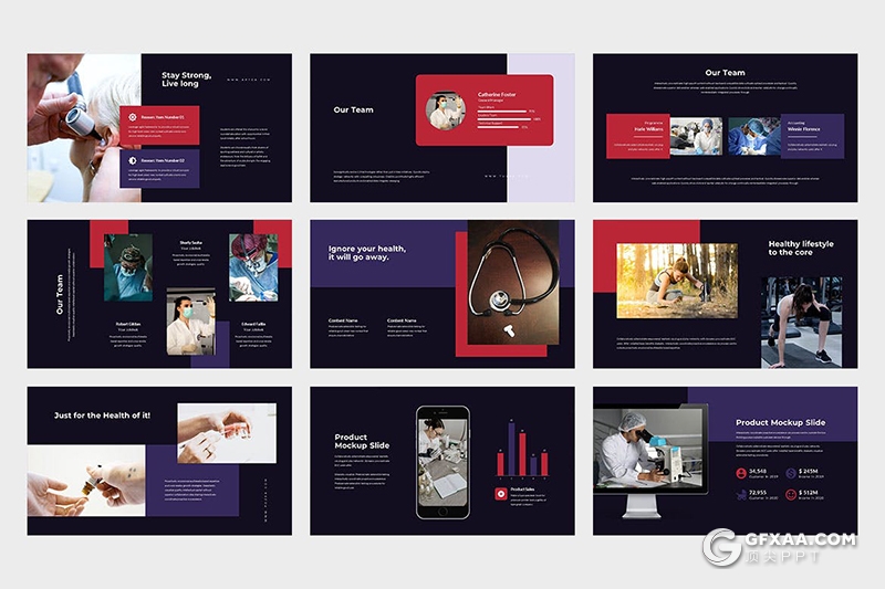 62页扁平化医疗保健健康饮食运动PPT模板 - 顶尖PPT