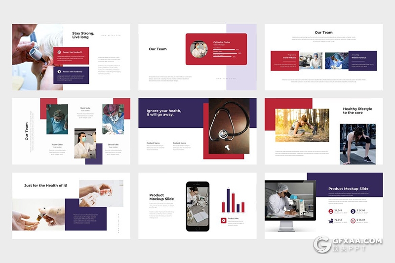 62页扁平化医疗保健健康饮食运动PPT模板 - 顶尖PPT