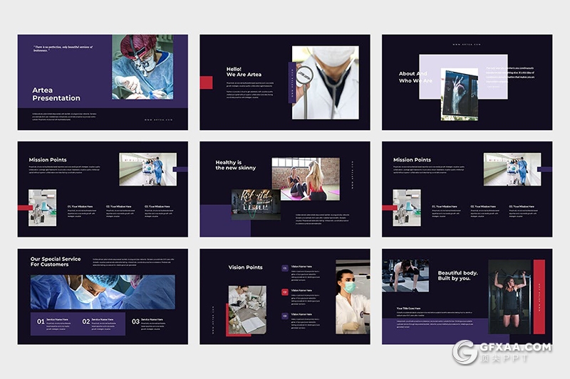 62页扁平化医疗保健健康饮食运动PPT模板 - 顶尖PPT