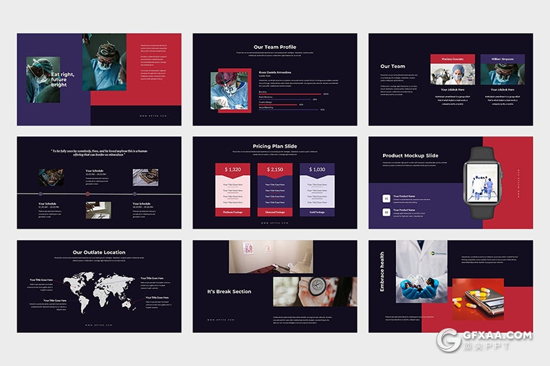 62页扁平化医疗保健健康饮食运动PPT模板 - 顶尖PPT