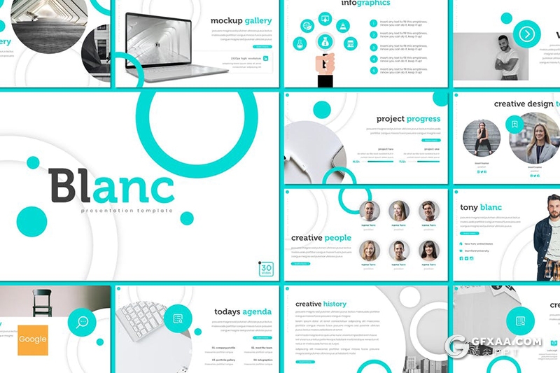 30页创意圆形版式设计企业团队介绍工作计划总结Google slides模板5种主题配色 - 顶尖PPT