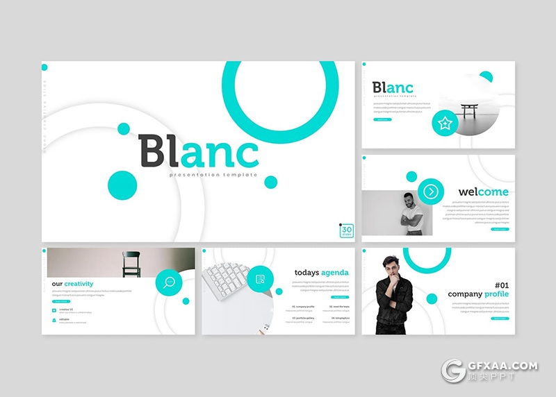 30页创意圆形版式设计企业团队介绍工作计划总结PPT模板5种主题配色 - 顶尖PPT