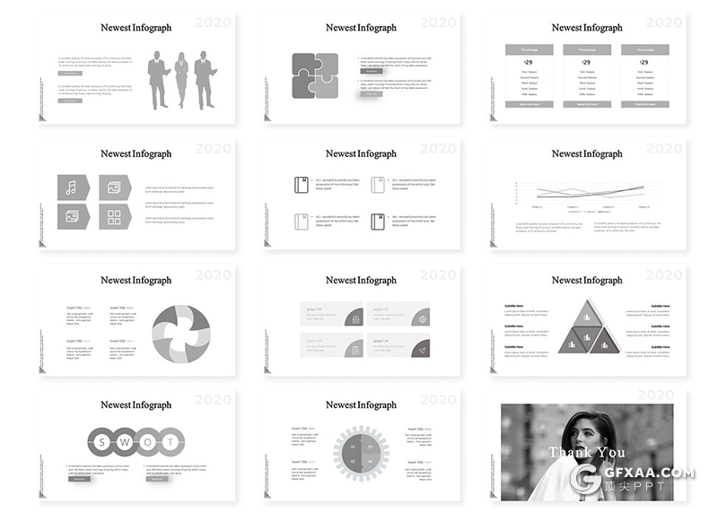 30页灰色系时尚流行模特写真展示PPT模板5种主题配色 - 顶尖PPT