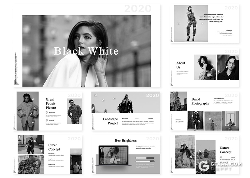 30页灰色系时尚流行模特写真展示PPT模板5种主题配色 - 顶尖PPT