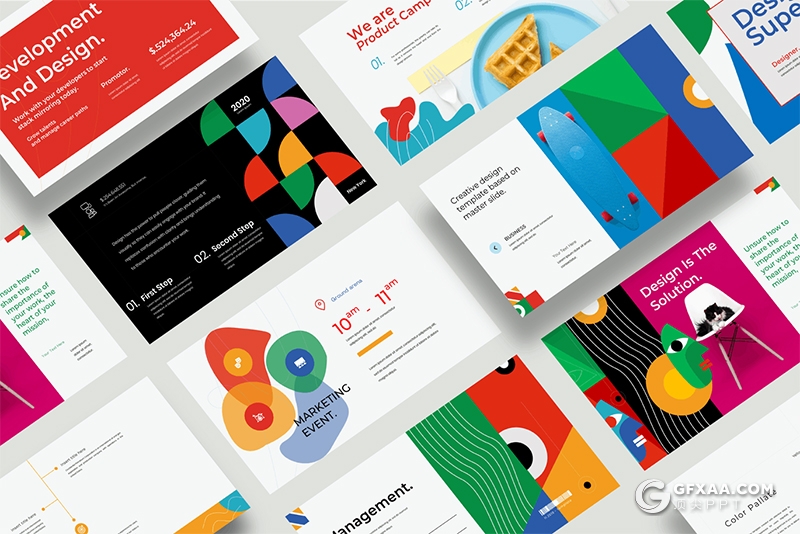 30页创意作品展示图形版式设计彩色精美国外Google slides模板 - 顶尖PPT