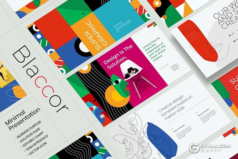 30页创意作品展示图形版式设计彩色精美国外Google slides模板 - 顶尖PPT