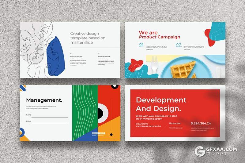 30页创意作品展示图形版式设计彩色精美国外Google slides模板 - 顶尖PPT