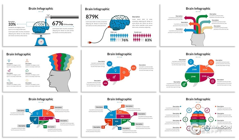 27页彩色创意人脑数据分析可编辑图形PPT模板 - 顶尖PPT