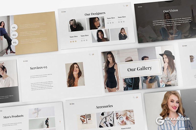 30页时尚杂志女性模特写真摄影图片时尚服装展示Google slides模板 - 顶尖PPT