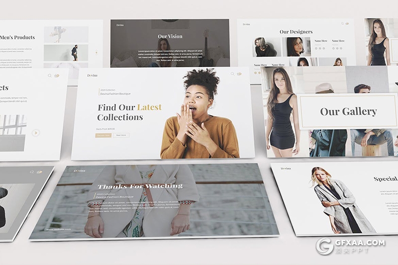 30页时尚杂志女性模特写真摄影图片时尚服装展示Google slides模板 - 顶尖PPT