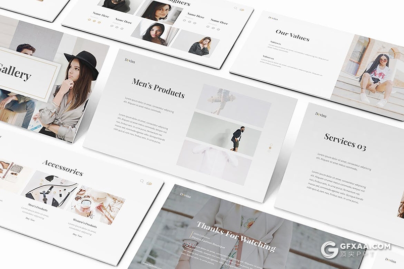 30页时尚杂志女性模特写真摄影图片时尚服装展示Google slides模板 - 顶尖PPT