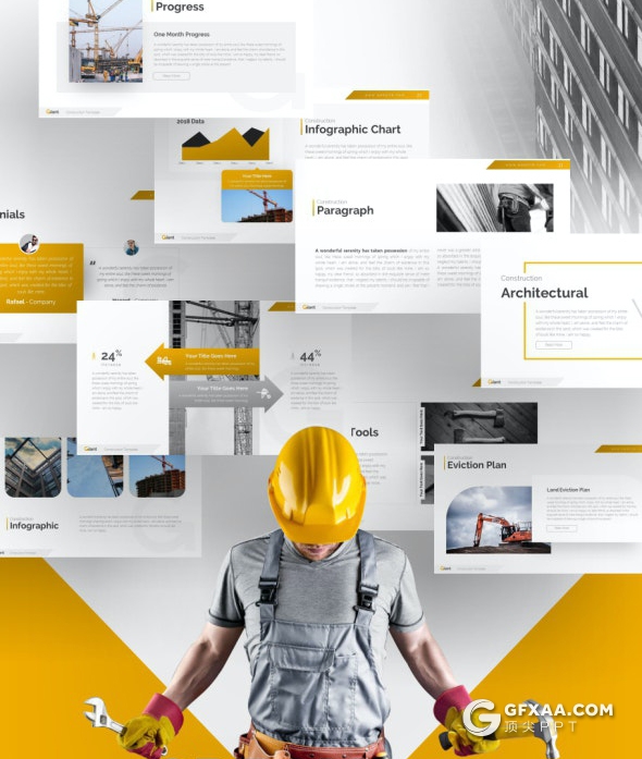 76页国外创意设计精美动画建筑工程地产公司PPT模板16:9和4:3尺寸10种主题配色 - 顶尖PPT