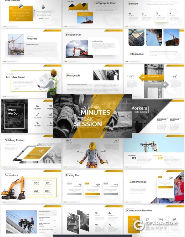 76页国外创意设计精美动画建筑工程地产公司PPT模板16:9和4:3尺寸10种主题配色 - 顶尖PPT
