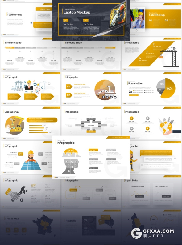 76页国外创意设计精美动画建筑工程地产公司PPT模板16:9和4:3尺寸10种主题配色 - 顶尖PPT