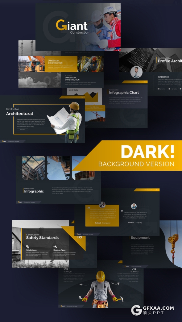 76页国外创意设计精美动画建筑工程地产公司PPT模板16:9和4:3尺寸10种主题配色 - 顶尖PPT