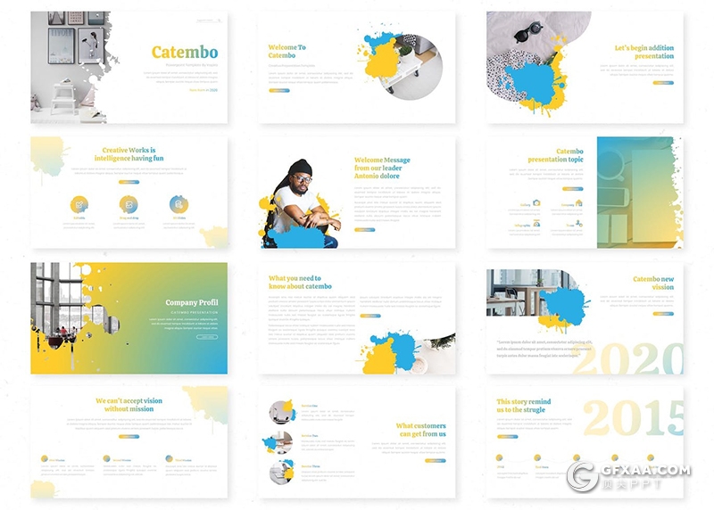 30页彩色泼墨图形设计设计公司团队介绍项目分析Google slides模板5种主题配色 - 顶尖PPT