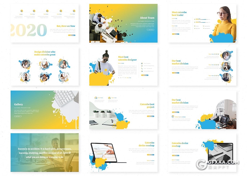 30页彩色泼墨图形设计设计公司团队介绍项目分析Google slides模板5种主题配色 - 顶尖PPT