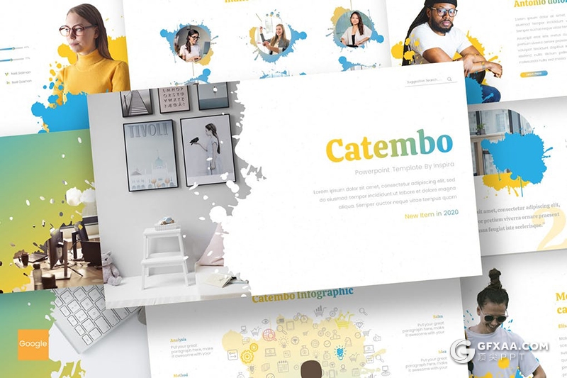 30页彩色泼墨图形设计设计公司团队介绍项目分析Google slides模板5种主题配色 - 顶尖PPT