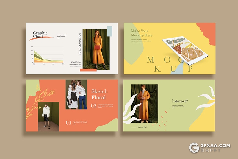 30页创意图形极简文艺时尚服装秀模特写真Google slides模板 - 顶尖PPT