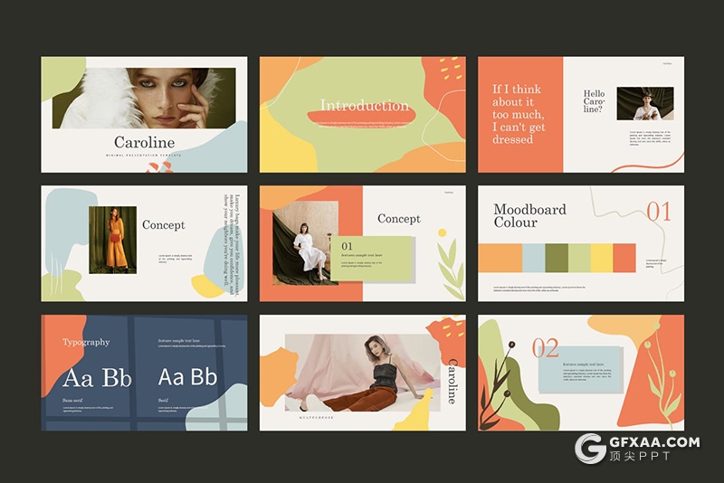 30页创意图形极简文艺时尚服装秀模特写真Google slides模板 - 顶尖PPT