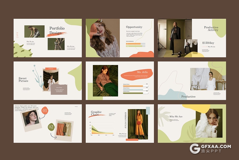 30页创意图形极简文艺时尚服装秀模特写真Google slides模板 - 顶尖PPT