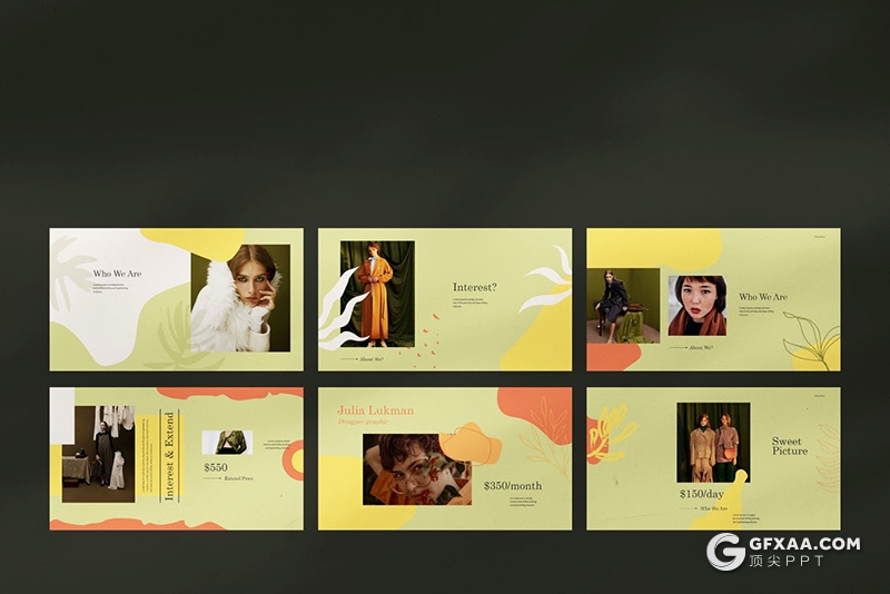 30页创意图形极简文艺时尚服装秀模特写真Google slides模板 - 顶尖PPT