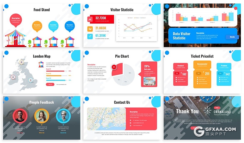 30页彩色精美游乐园公园介绍展示数据分析调查高端PPT模板 - 顶尖PPT