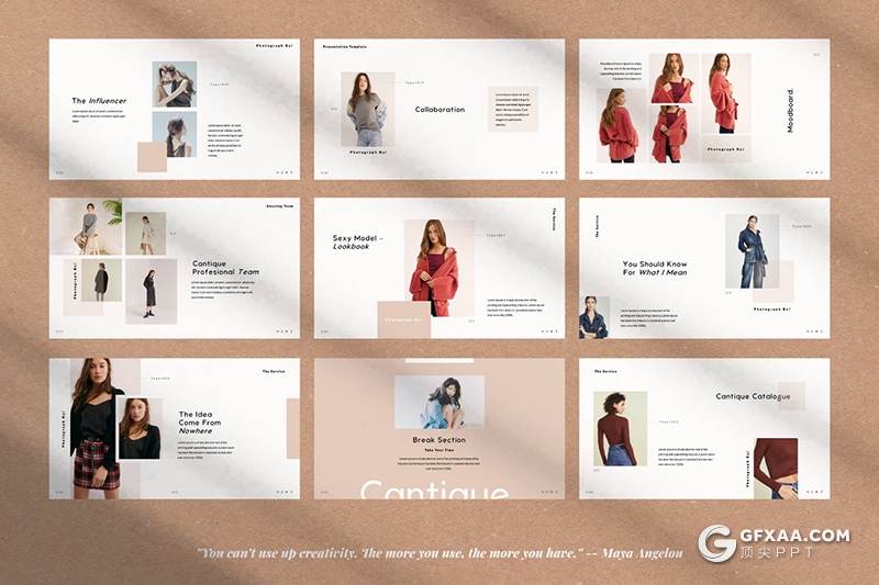 50页极简文艺风格时尚模特写真服装展示摄影美图PPT模板 - 顶尖PPT