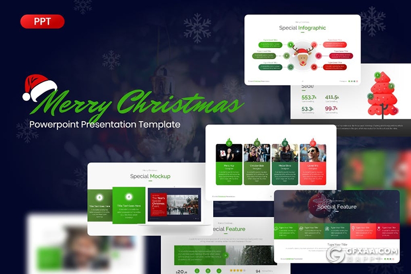 红绿配色精美圣诞节主题风格PPT模板 - 顶尖PPT