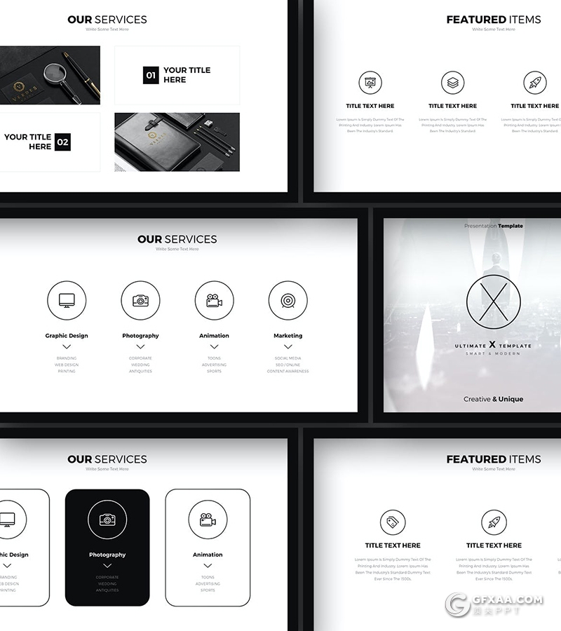 77页国外创意黑框简约风格产品展示设计公司作品展示PPT模板 - 顶尖PPT