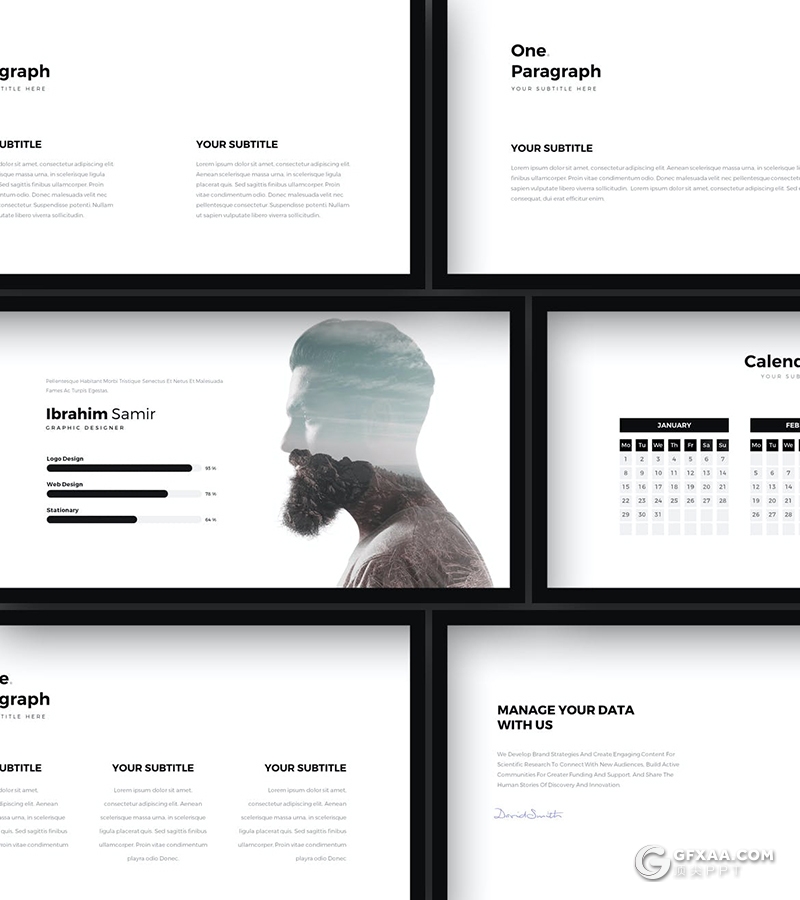 77页国外创意黑框简约风格产品展示设计公司作品展示PPT模板 - 顶尖PPT