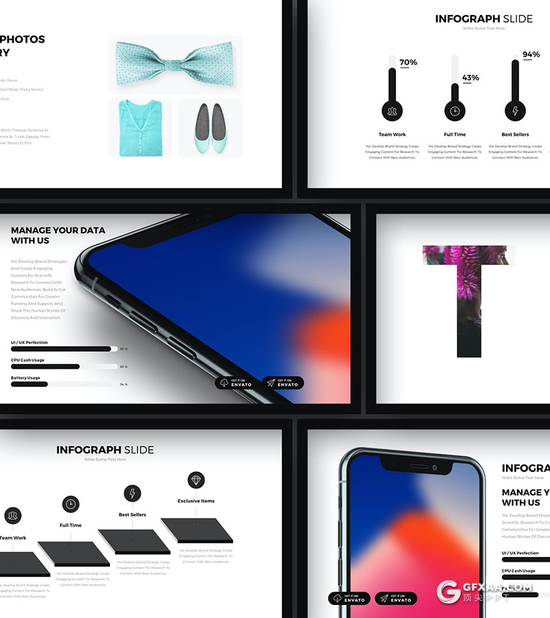 77页国外创意黑框简约风格产品展示设计公司作品展示PPT模板 - 顶尖PPT