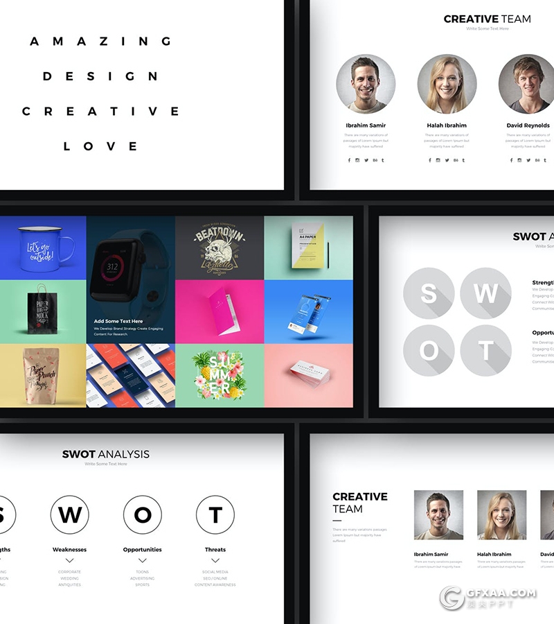 77页国外创意黑框简约风格产品展示设计公司作品展示PPT模板 - 顶尖PPT