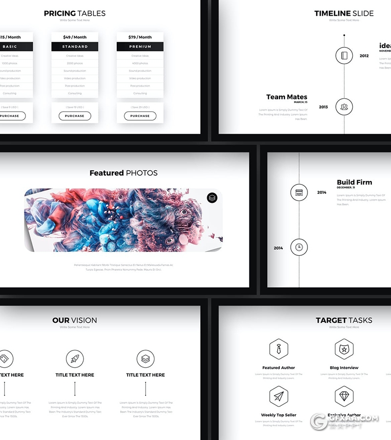 77页国外创意黑框简约风格产品展示设计公司作品展示PPT模板 - 顶尖PPT