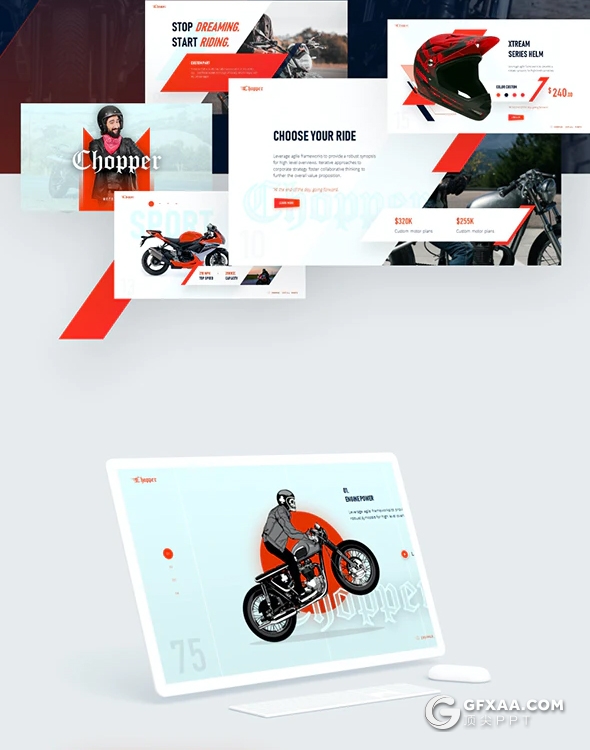 81页图形版式创意设计摩托车产品介绍展示国外高端PPT动画模板 包含10种配色 - 顶尖PPT