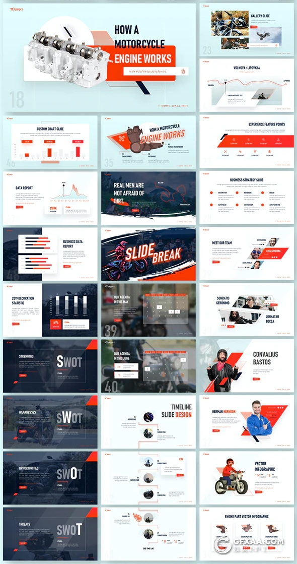 81页图形版式创意设计摩托车产品介绍展示国外高端PPT动画模板 包含10种配色 - 顶尖PPT