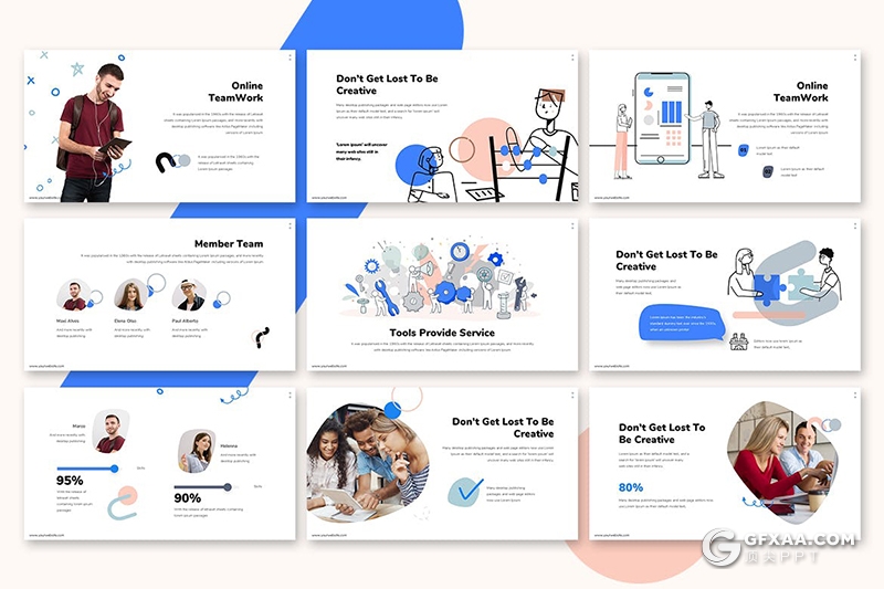 30页互联网手绘人物团队合作工作报告国外高端商务Google slides模板 - 顶尖PPT