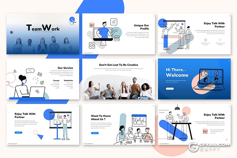 30页互联网手绘人物团队合作工作报告国外高端商务Google slides模板 - 顶尖PPT
