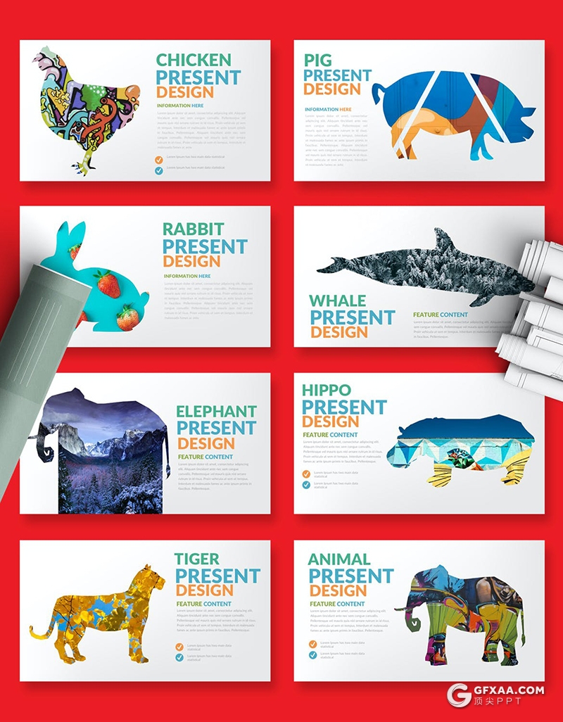 38页创意动物剪影图片占位符图文搭配设计PPT模板 - 顶尖PPT